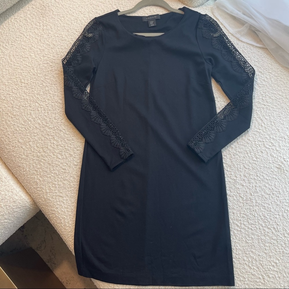 Tahari Black Long Sleeve Lace Detail Fitted Dress Very Sexy Classy XS